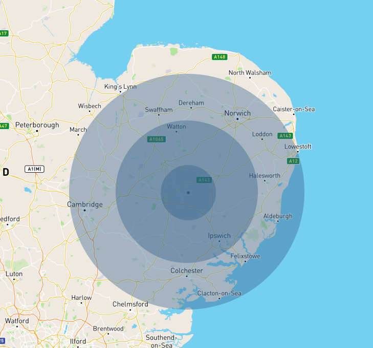 Map showing coverage of Tony McNamara Barefoot EP in Suffolk